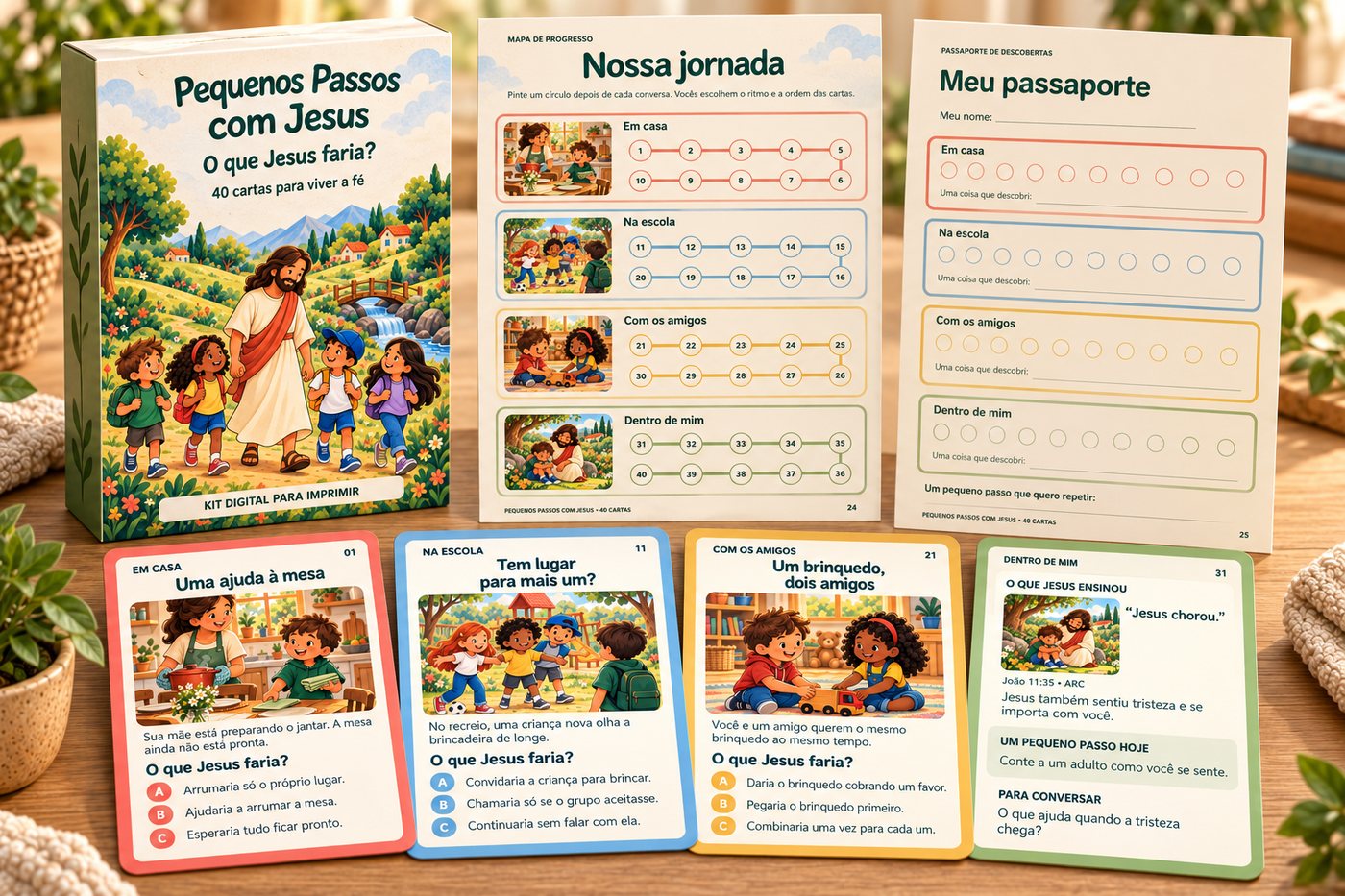 Kit Pequenos Passos com Jesus impresso: caixa, cartas, mapa e passaporte